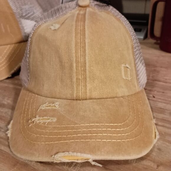 Distressed Denim Criss Cross High Pony CC Ball Cap MUSTARD, Ponytail Hat - Picture 1 of 2